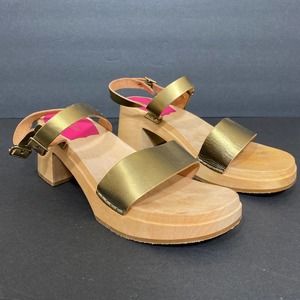 Swedish Hasbeens Women's Giddan Gold Leather Ankle Strap Wooden Sandals Size 38